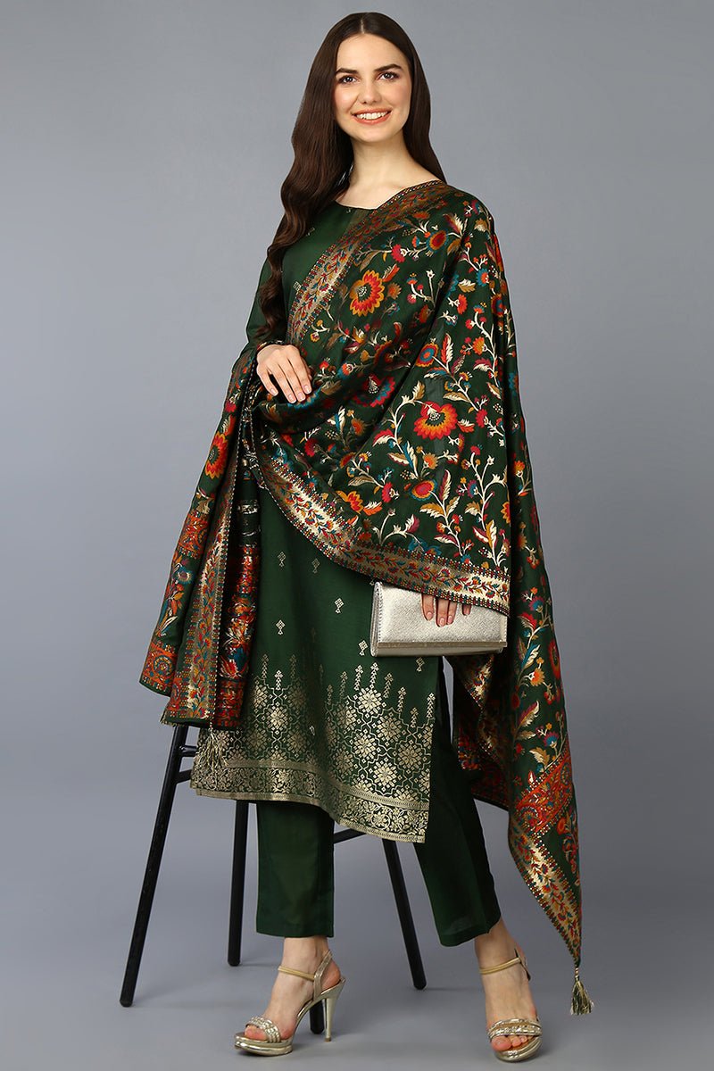 Ahika Green Silk Blend Ethnic Motifs Straight Suit Set