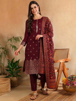 Thumbnail for Ahika Burgundy Silk Blend Ethnic Straight Suit Set