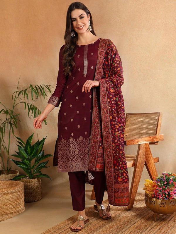Ahika Burgundy Silk Blend Ethnic Straight Suit Set