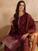 Thumbnail for Ahika Burgundy Silk Blend Ethnic Straight Suit Set