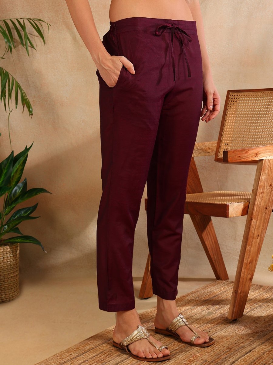 Ahika Burgundy Silk Blend Ethnic Straight Suit Set