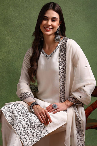 Ahika Off White Silk Blend Solid Embroidered Straight Suit Set - Distacart