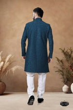 Thumbnail for Joban Fashion Men's Blue Straight Silk Heavy Thread & Sequence Embroidery All Over Indo-Western Kurta Set - Distacart