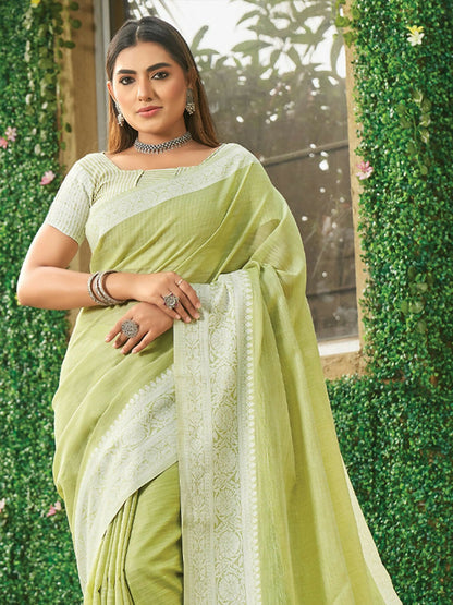 Shree Shyam Fashion Lime Green Linen Saree - Distacart