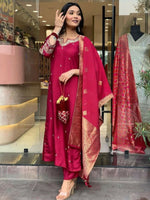 Thumbnail for The52 Maroon Beautiful Embroidered Viscose Chanderi Fabric Straight Kurta Pant with Dupatta Set - Distacart