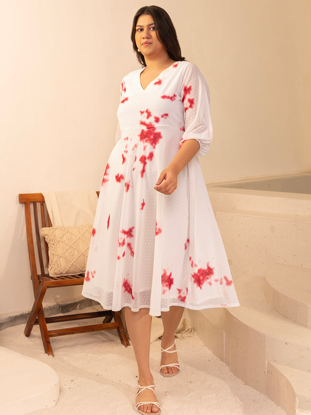 Janasya Off White Dobby Georgette Tie & Dye Fit & Flare Dress