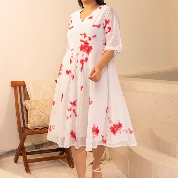 Janasya Off White Dobby Georgette Tie & Dye Fit & Flare Dress