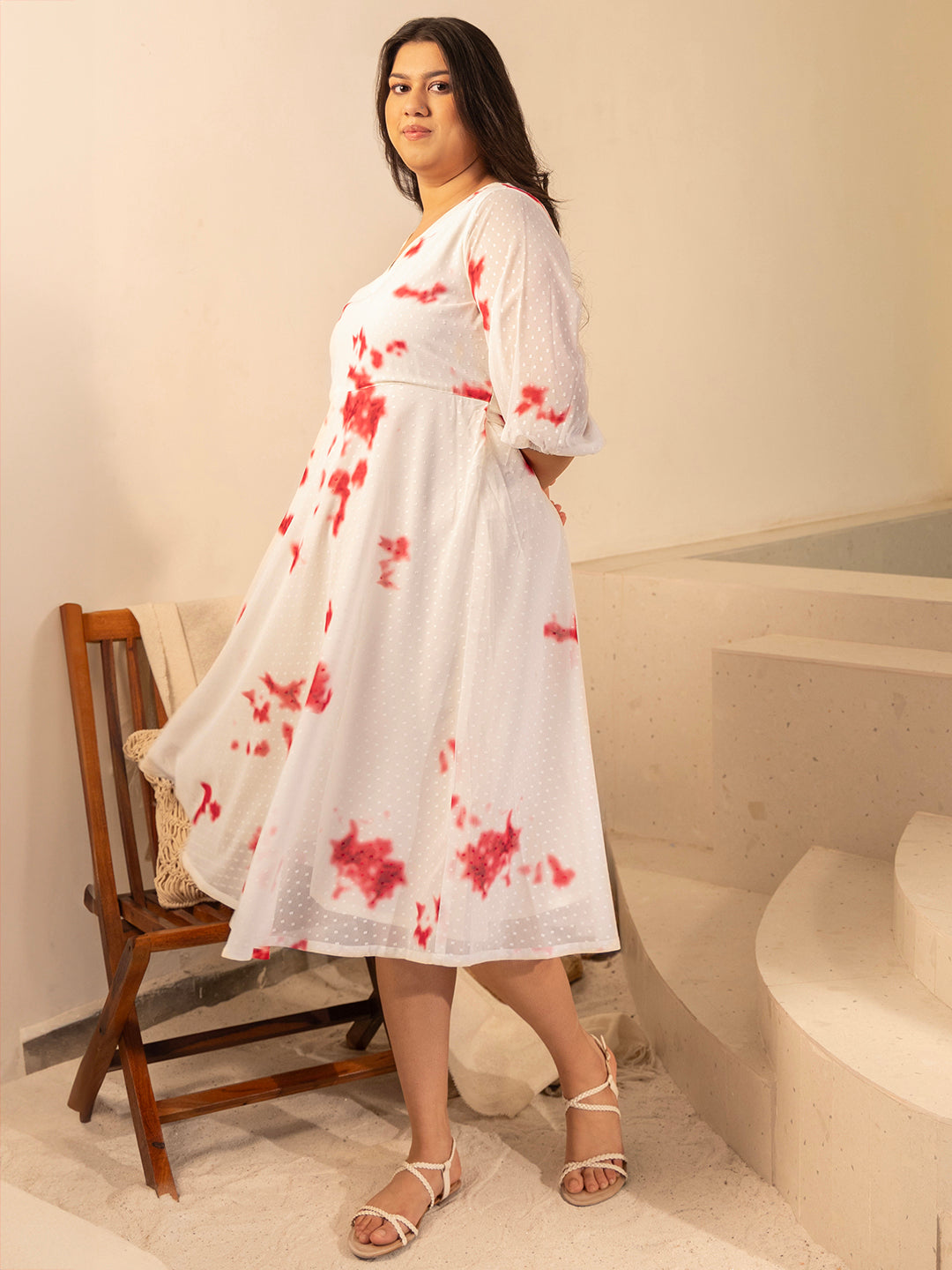 Janasya Off White Dobby Georgette Tie & Dye Fit & Flare Dress