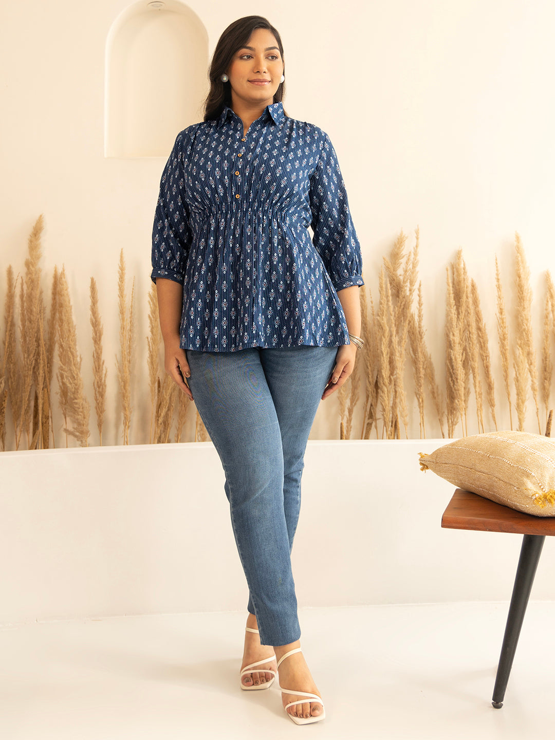 Janasya Dark Blue Cotton Ethnic Motifs A-Line Top