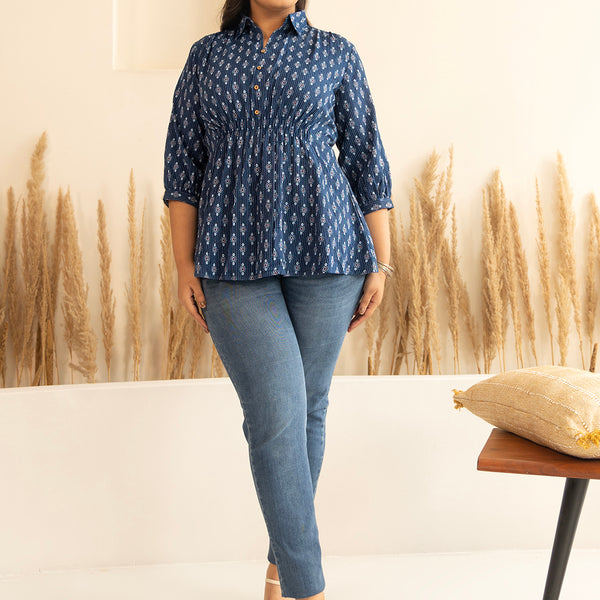 Janasya Dark Blue Cotton Ethnic Motifs A-Line Top