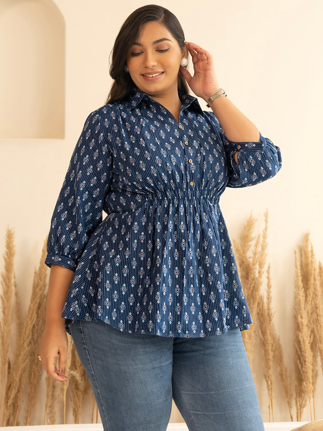 Janasya Dark Blue Cotton Ethnic Motifs A-Line Top