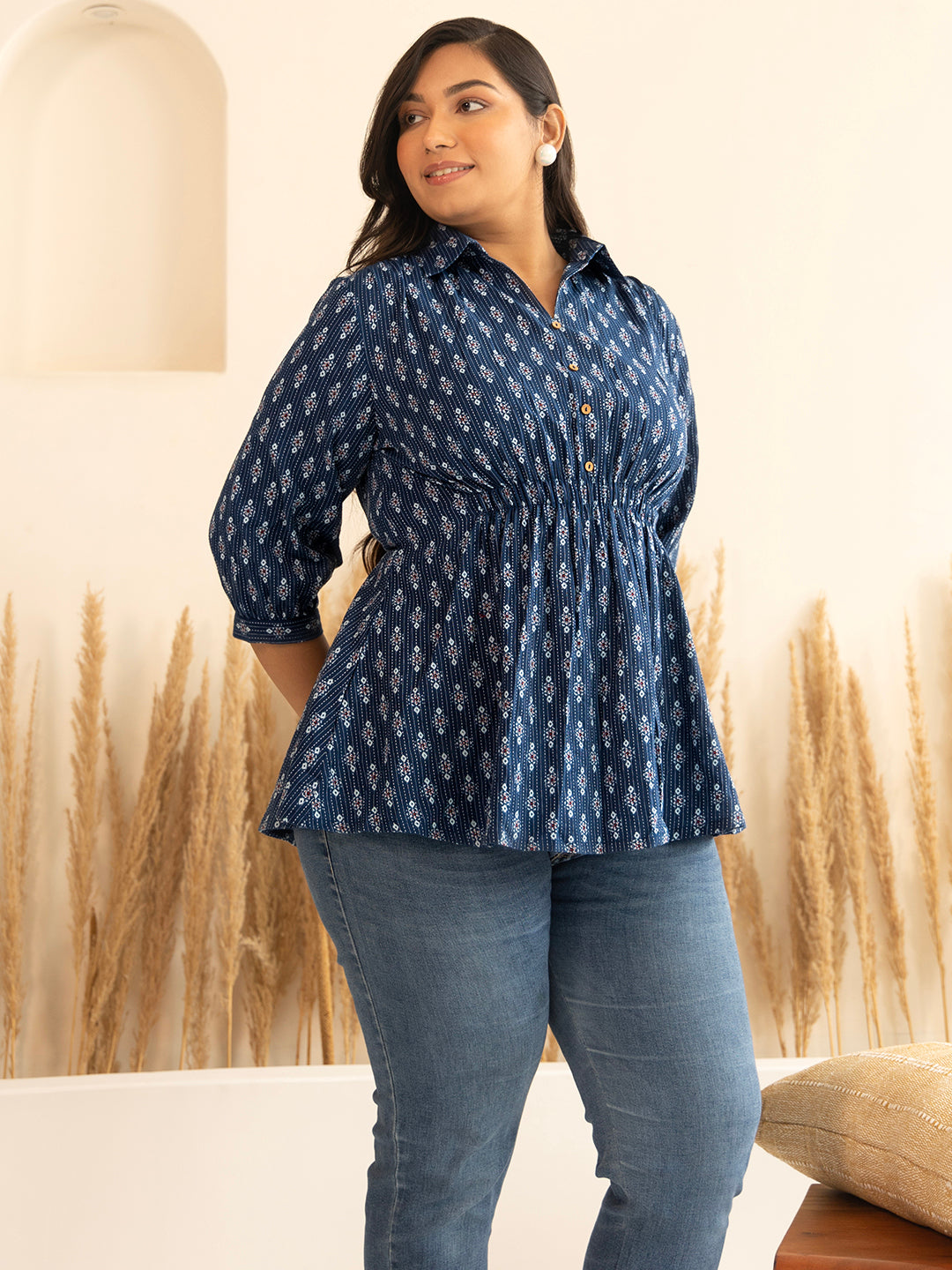 Janasya Dark Blue Cotton Ethnic Motifs A-Line Top