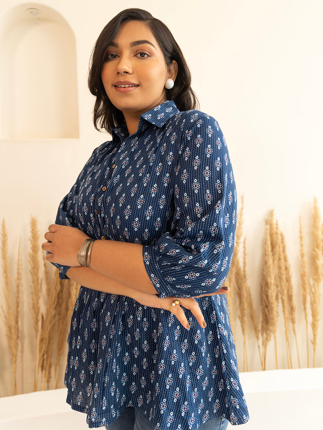 Janasya Dark Blue Cotton Ethnic Motifs A-Line Top - Distacart