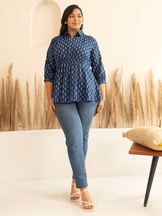 Janasya Dark Blue Cotton Ethnic Motifs A-Line Top