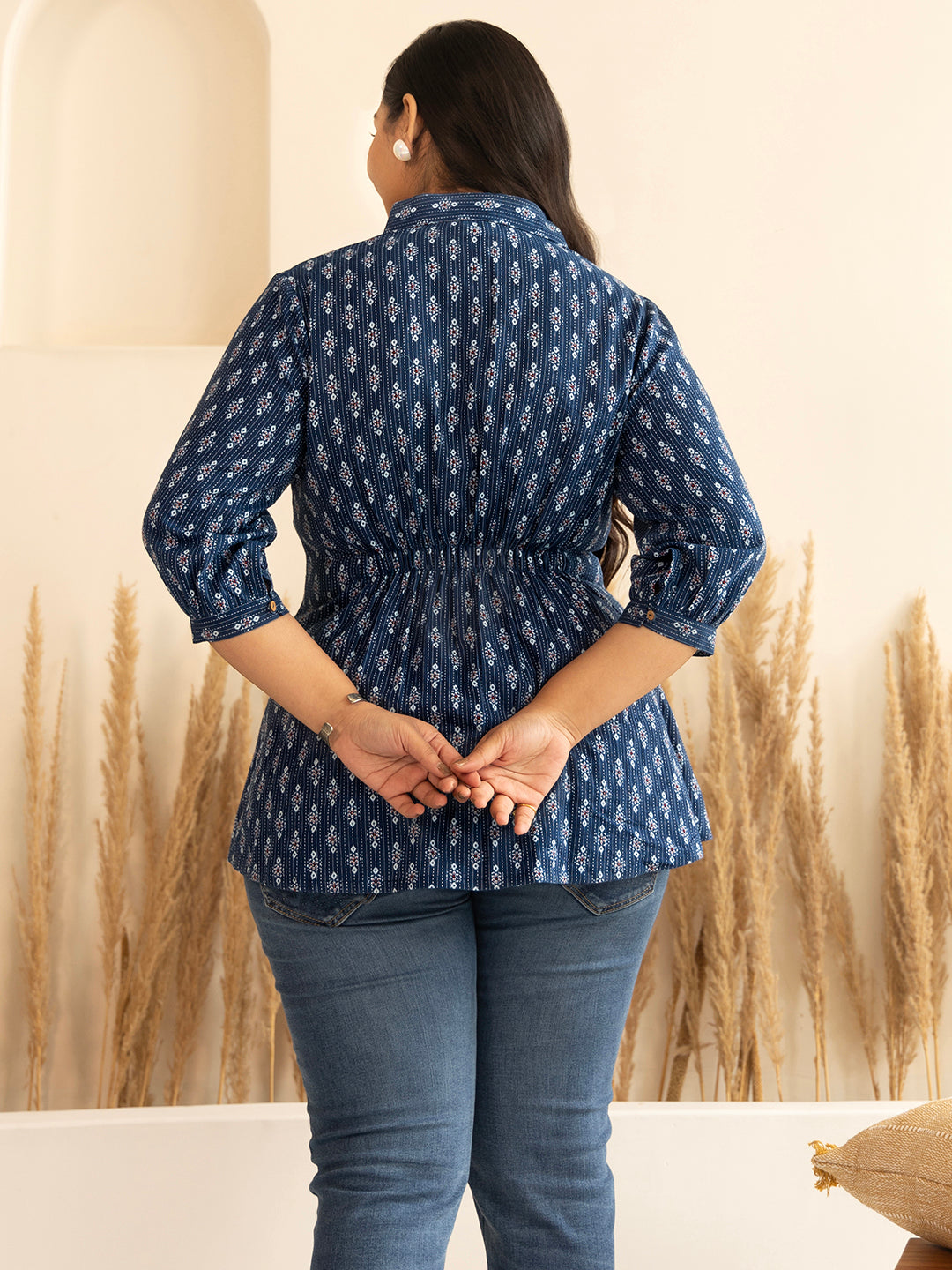 Janasya Dark Blue Cotton Ethnic Motifs A-Line Top - Distacart