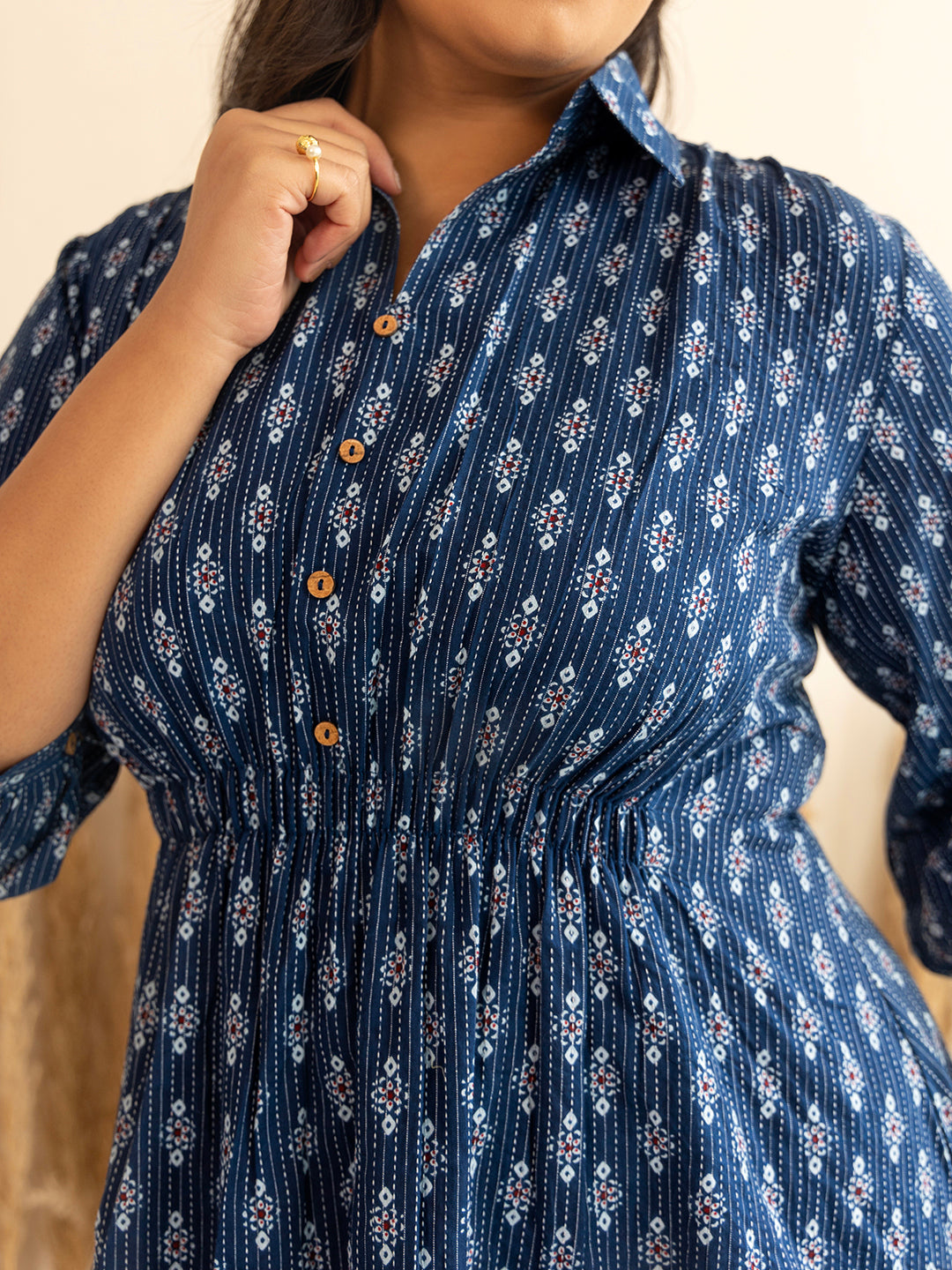 Janasya Dark Blue Cotton Ethnic Motifs A-Line Top - Distacart