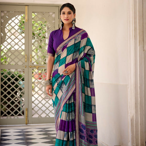 Vastranavya Purple Viscose Chanderi Printed with Temple Border Saree & Unstitched Blouse - Distacart