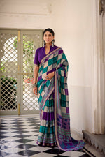Thumbnail for Vastranavya Purple Viscose Chanderi Printed with Temple Border Saree & Unstitched Blouse - Distacart