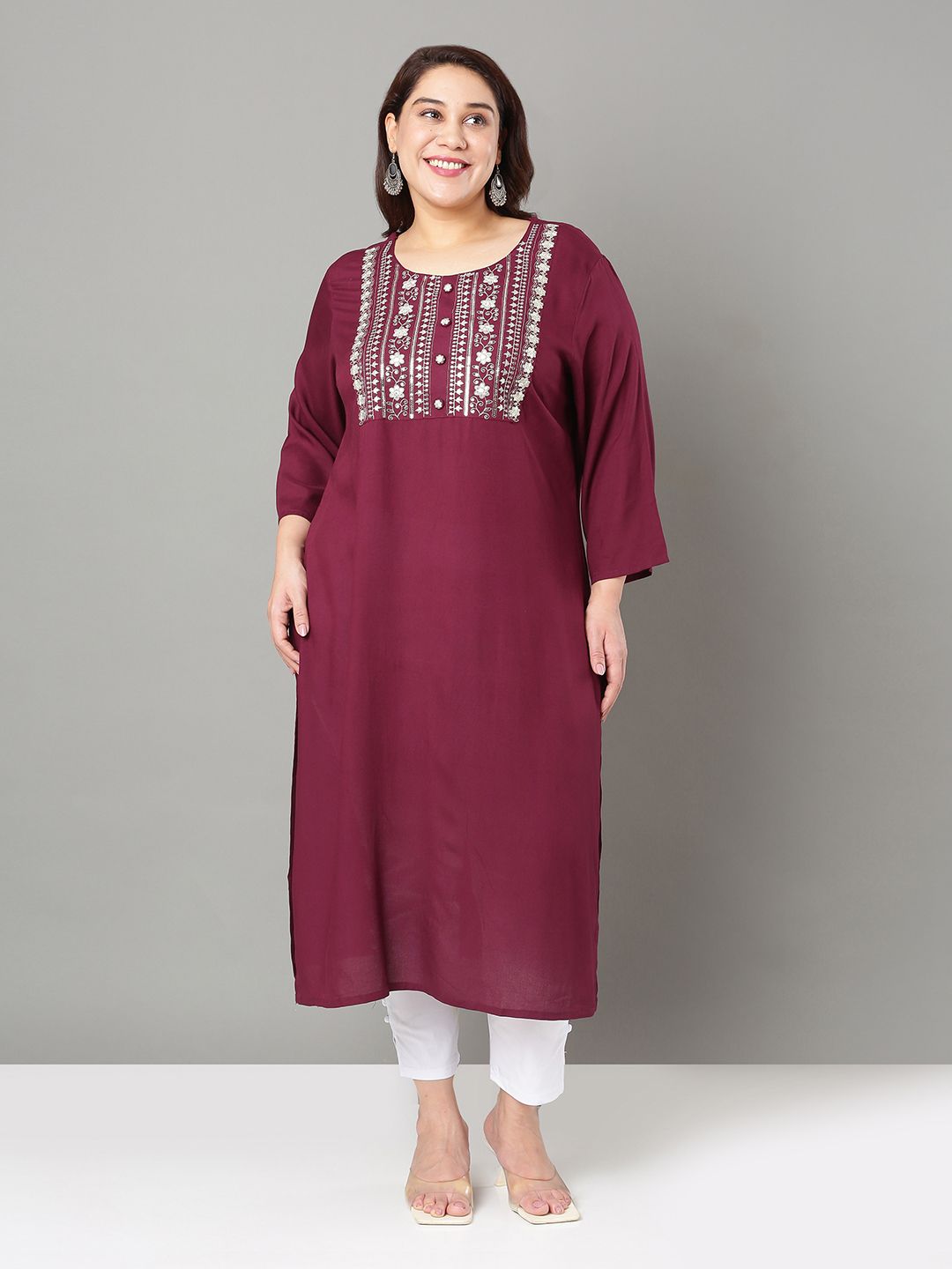Sztori Plus Size Floral Yoke Design Mirror Work Straight Kurta - Distacart