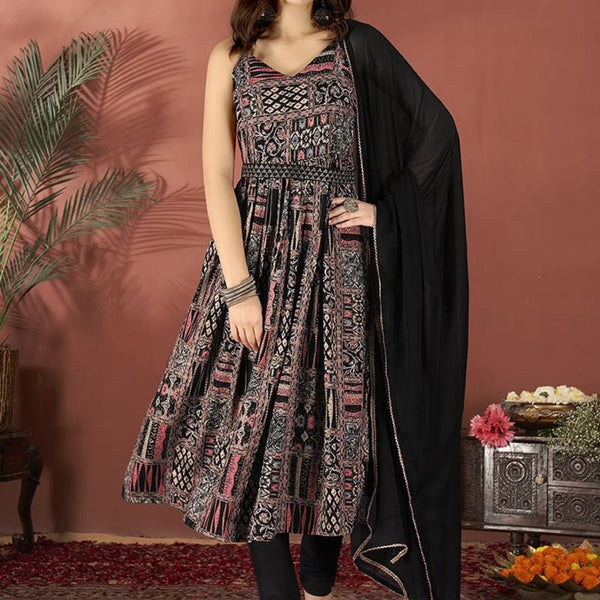 Anouk Black Floral Printed Sleeveless Pleated Anarkali Kurta With Churidar & Dupatta - Distacart