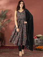 Thumbnail for Anouk Black Floral Printed Sleeveless Pleated Anarkali Kurta With Churidar & Dupatta