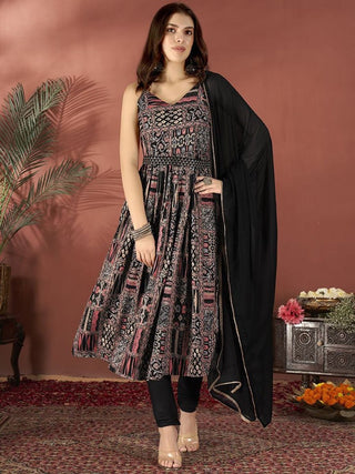 Anouk Black Floral Printed Sleeveless Pleated Anarkali Kurta With Churidar & Dupatta