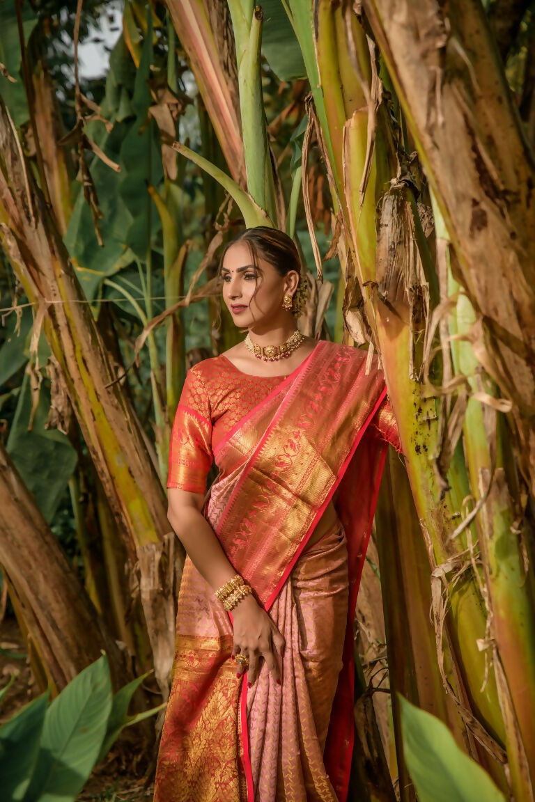 Jyoti Fashion Women's Peach Kanjivaram Silk Zari Woven Saree with Blouse - Distacart