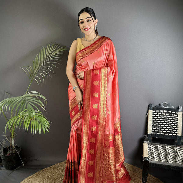 Joban Fashion Peach Banarasi Soft Silk Woven Butti Saree - Distacart