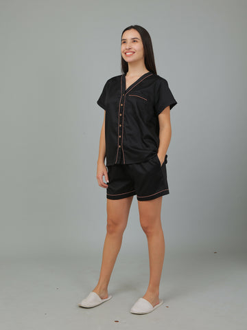 Breathables Women Cotton Night Suit Shirt And Shorts Co-Ord Set I Nightwear | Loungewear Set In Solid Colours - Dista