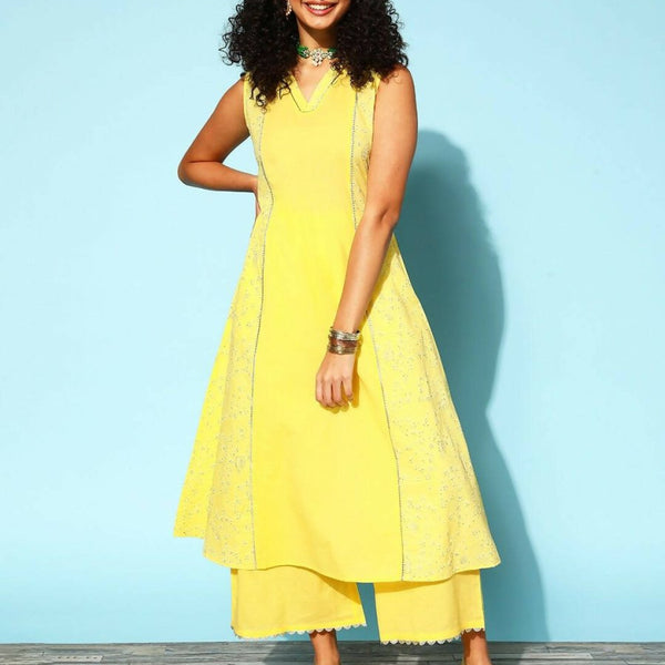 Ahalyaa Women Yellow Colour Cotton Printed Kurta Palazzo Set - Distacart