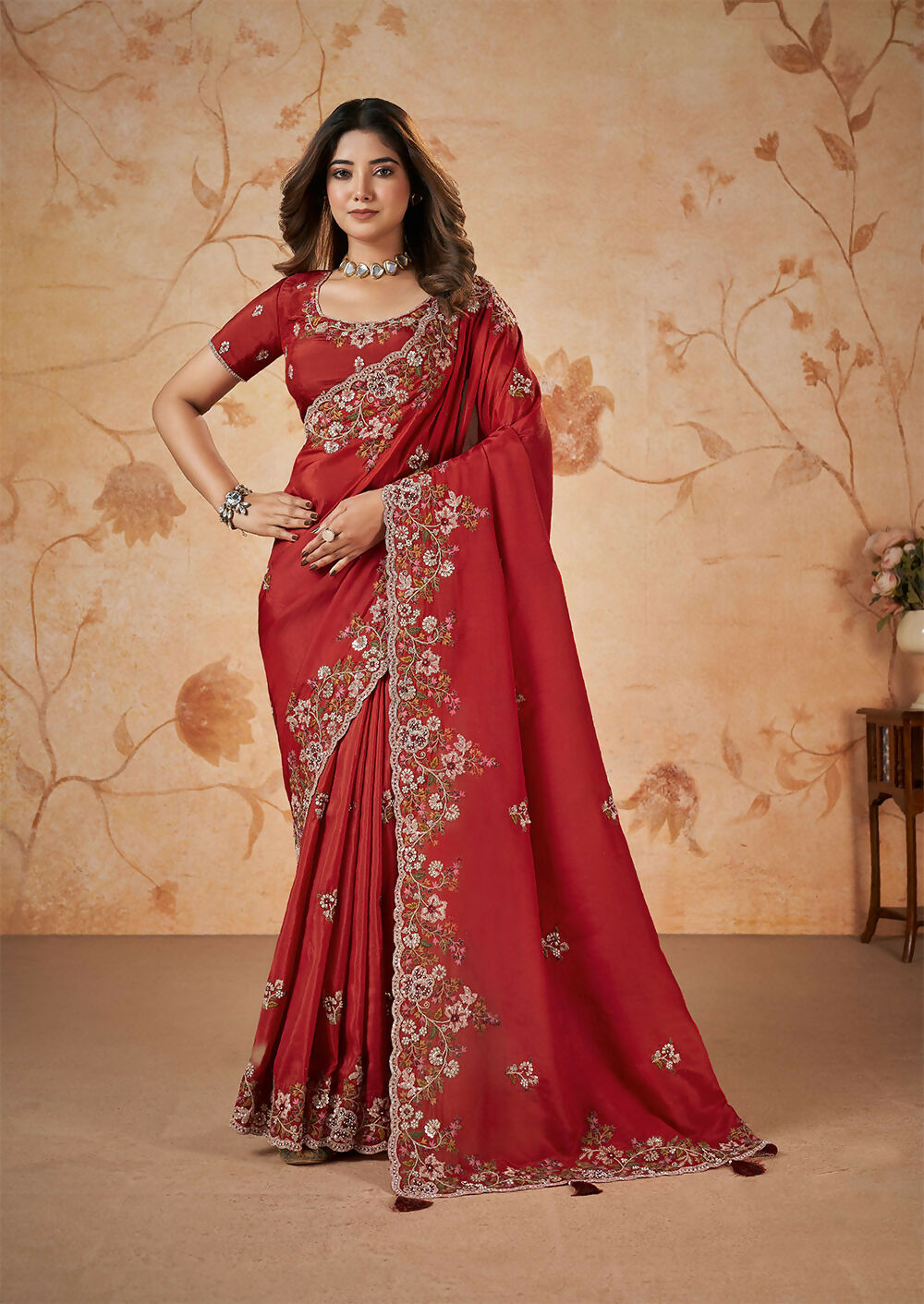 Red Upada Silk Sequence & Cord Embroidered with Stone Work Saree - Mohmanthan Dakshika - Distacart