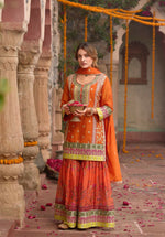 Thumbnail for Anaita Orange Chinon Readymade Palazzo Suit with Codding Dori & Sequence Work - Distacart