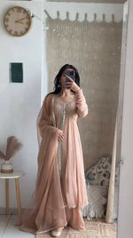 Thumbnail for Preksha Creation Indian Desirable Fancy Faux Georgette Cording Embroidered Work Top And Work Palazzo With Dupatta - Distacart