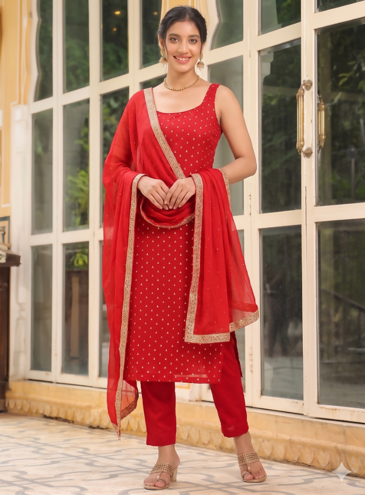 Teeya Creation Womens New Elegant Red Embroidered Kurti with Matching Bottom Set - Dista