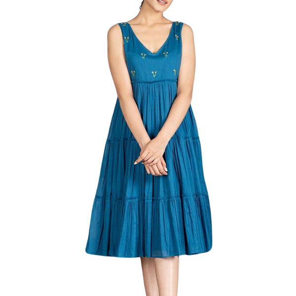 Pimu Midi Dress with Embroidered for Women - Teal Blue