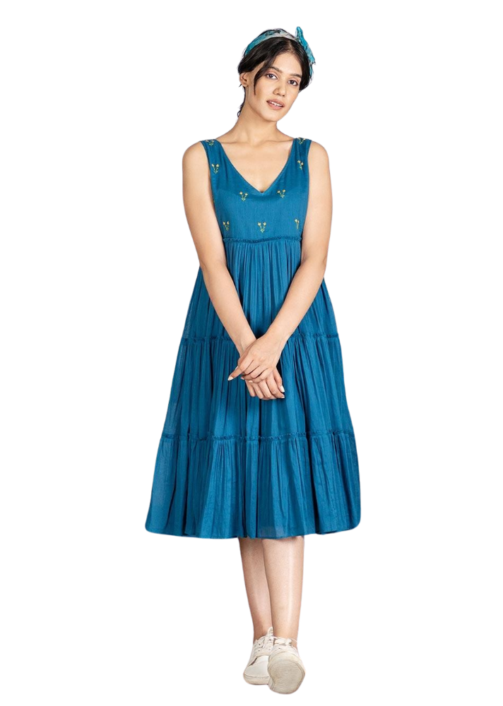 Pimu Midi Dress with Embroidered for Women - Teal Blue - Distacart