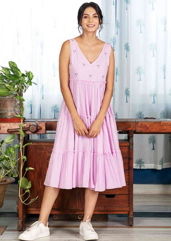 Pimu Midi Dress with Embroidered for Women - Peach