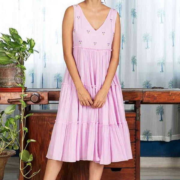 Pimu Midi Dress with Embroidered for Women - Peach