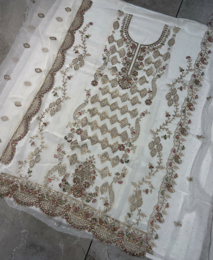 KC Heavy Embroidery Worked Two Ton Moss Silk White Suit For Women - Dista