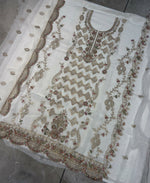 Thumbnail for KC Heavy Embroidery Worked Two Ton Moss Silk White Suit For Women - Dista