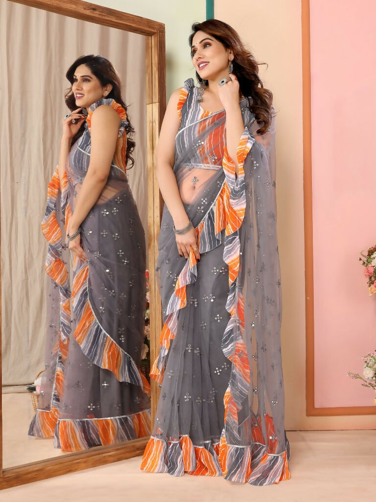 Partywear Designer Grey Net Fancy Saree - Dyuti - Distacart