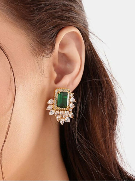 Nuyug 22K Gold Plated Emerald Fern Muse Stud Earrings