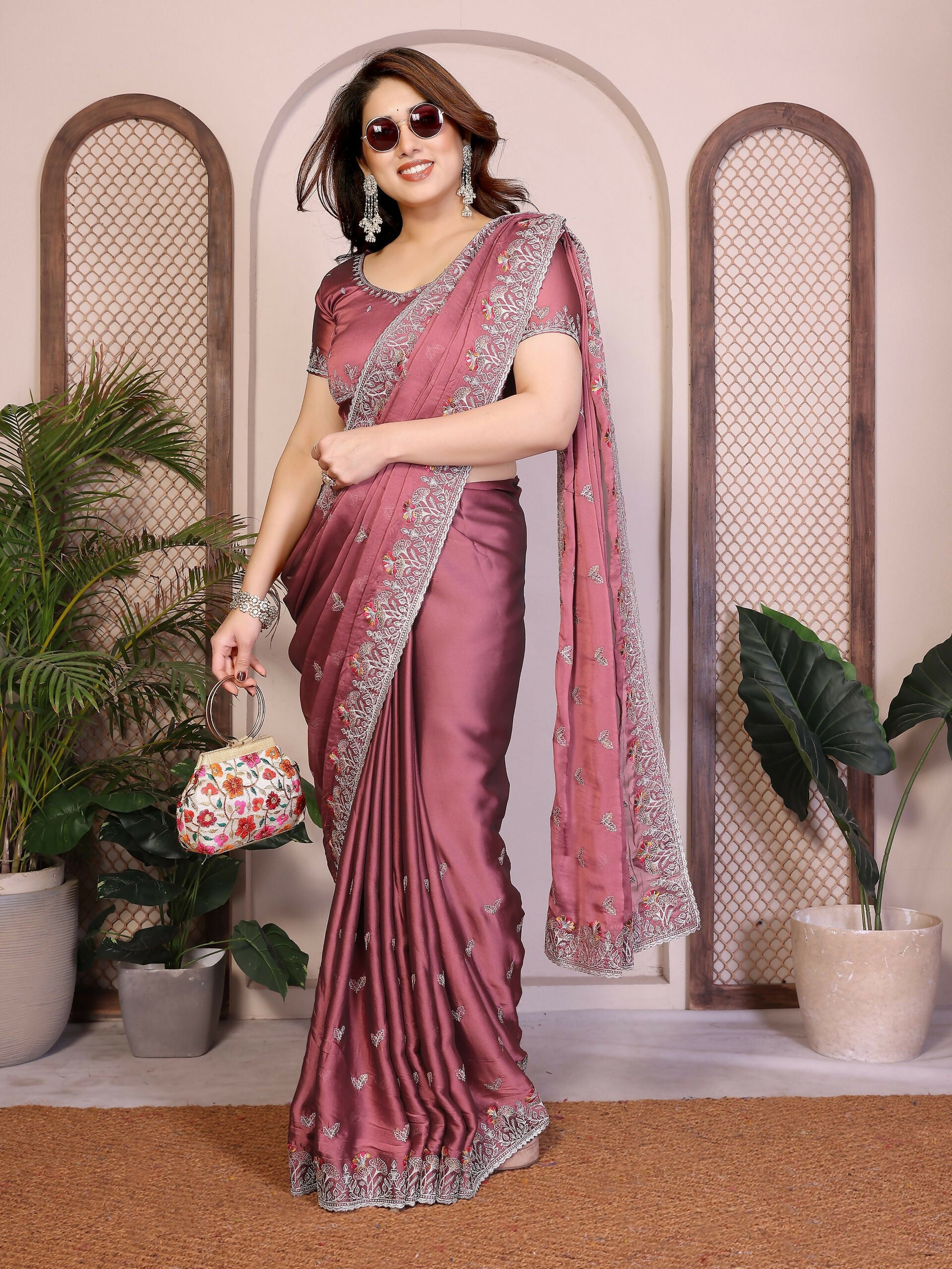 Teeya Creation New Trendy Stylish Party Wear Silk Saree-Beige - Dista