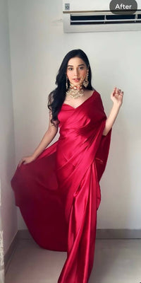 Thumbnail for Malishka Satin Silk Solid Ready To Wear Saree With Blouse Piece - Maroon - Distacart