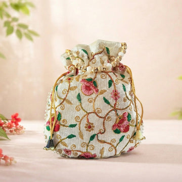 JS Fashion Bridal Silk Brocade Potli Bag with Pearl Border & Beaded Handle - Distacart