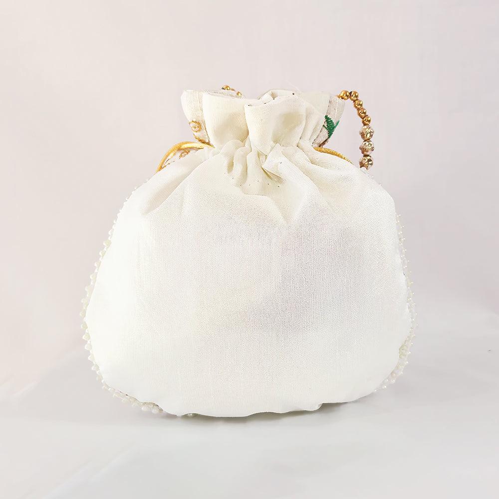JS Fashion Bridal Silk Brocade Potli Bag with Pearl Border & Beaded Handle - Distacart