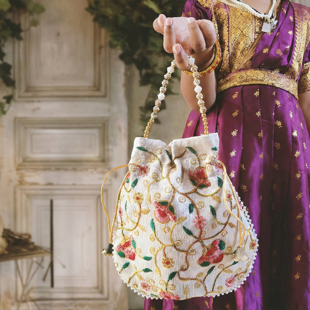 JS Fashion Bridal Silk Brocade Potli Bag with Pearl Border & Beaded Handle - Distacart