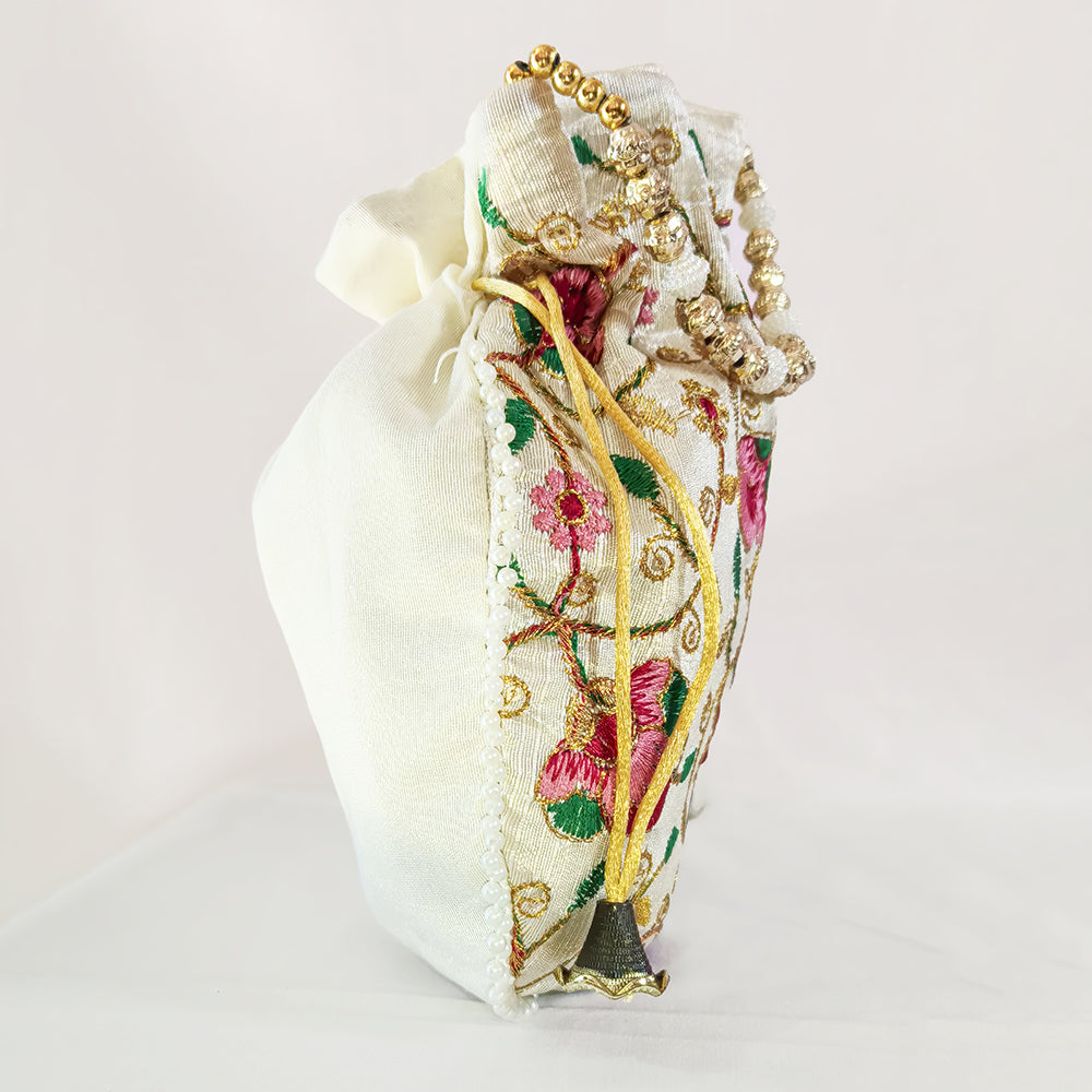 JS Fashion Bridal Silk Brocade Potli Bag with Pearl Border & Beaded Handle - Distacart