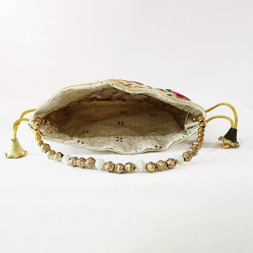 JS Fashion Bridal Silk Brocade Potli Bag with Pearl Border & Beaded Handle - Distacart