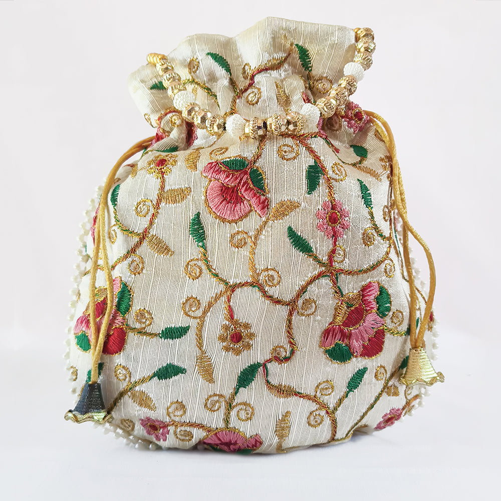 JS Fashion Bridal Silk Brocade Potli Bag with Pearl Border & Beaded Handle - Distacart
